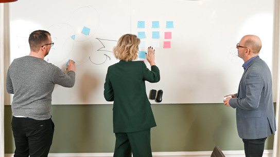 En grupp människor som står framför en whiteboard.